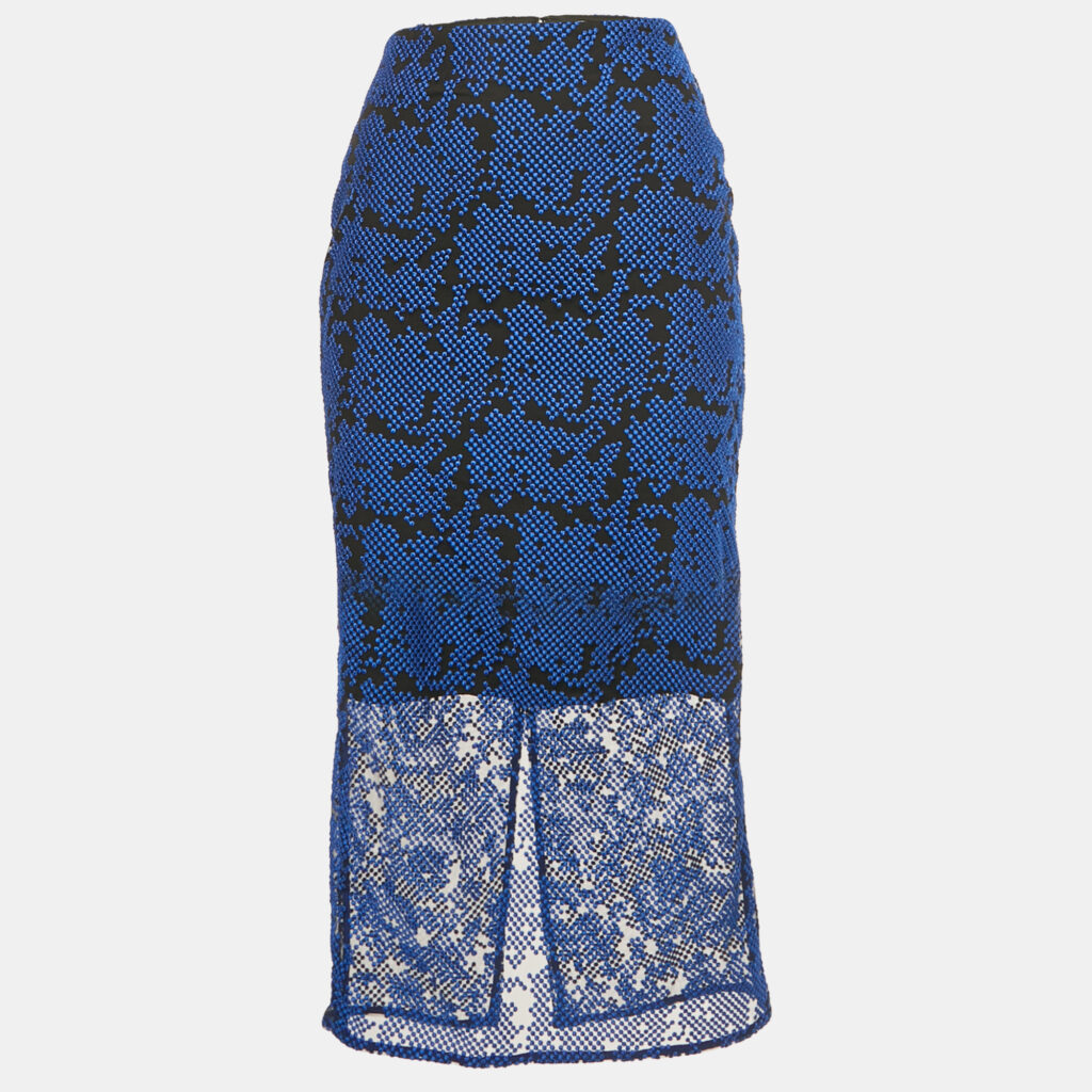Diane Von Furstenberg Black /Blue Embroidered Mesh Overlay Tailored Pencil Skirt XS Diane Von Furstenberg Black /Blue Embroidered Mesh Overlay Tailored Pencil Skirt XS
