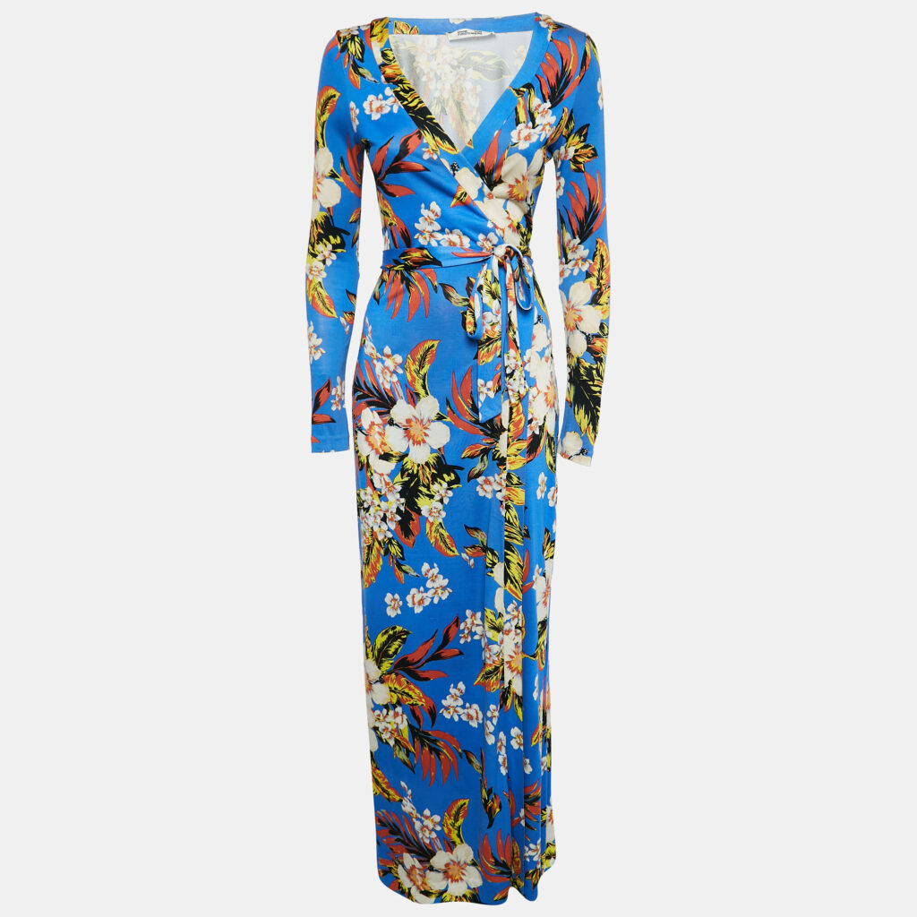 Diane Von Furstenberg Blue Floral Print Jersey Wrap Dress S