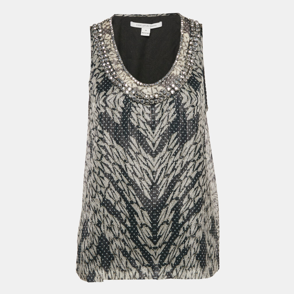 Diane Von Furstenberg Metallic Printed Silk Lurex Stud Detail Sleeveless Ade Top M