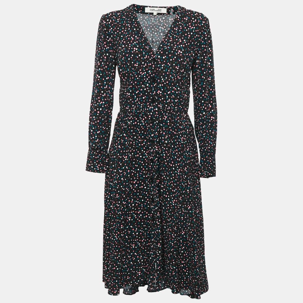 Diane Von Furstenberg Black Dot Print Crepe Button Front Midi Dress S Diane Von Furstenberg Black Dot Print Crepe Button Front Midi Dress S