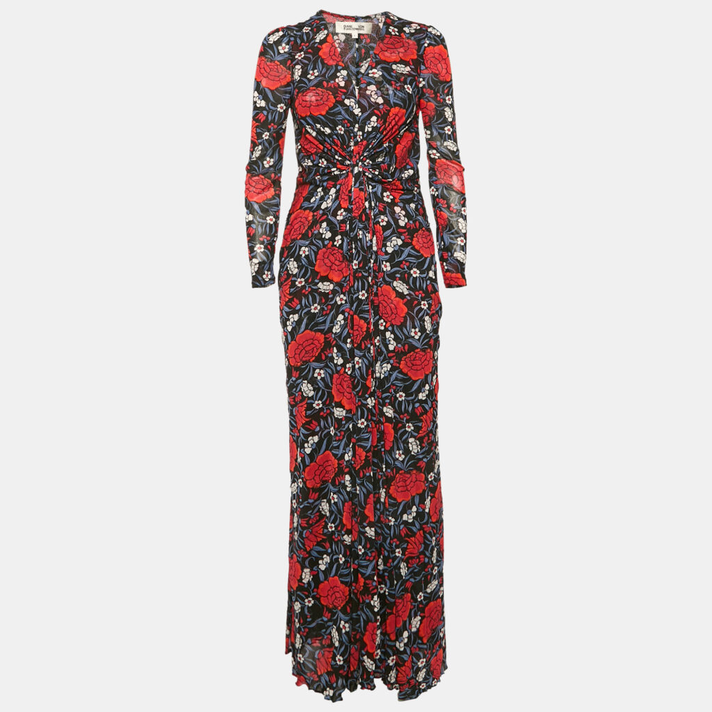 Diane Von Furstenberg Black Floral Print Jersey Long Sleeve Maxi Dress L Diane Von Furstenberg Black Floral Print Jersey Long Sleeve Maxi Dress L