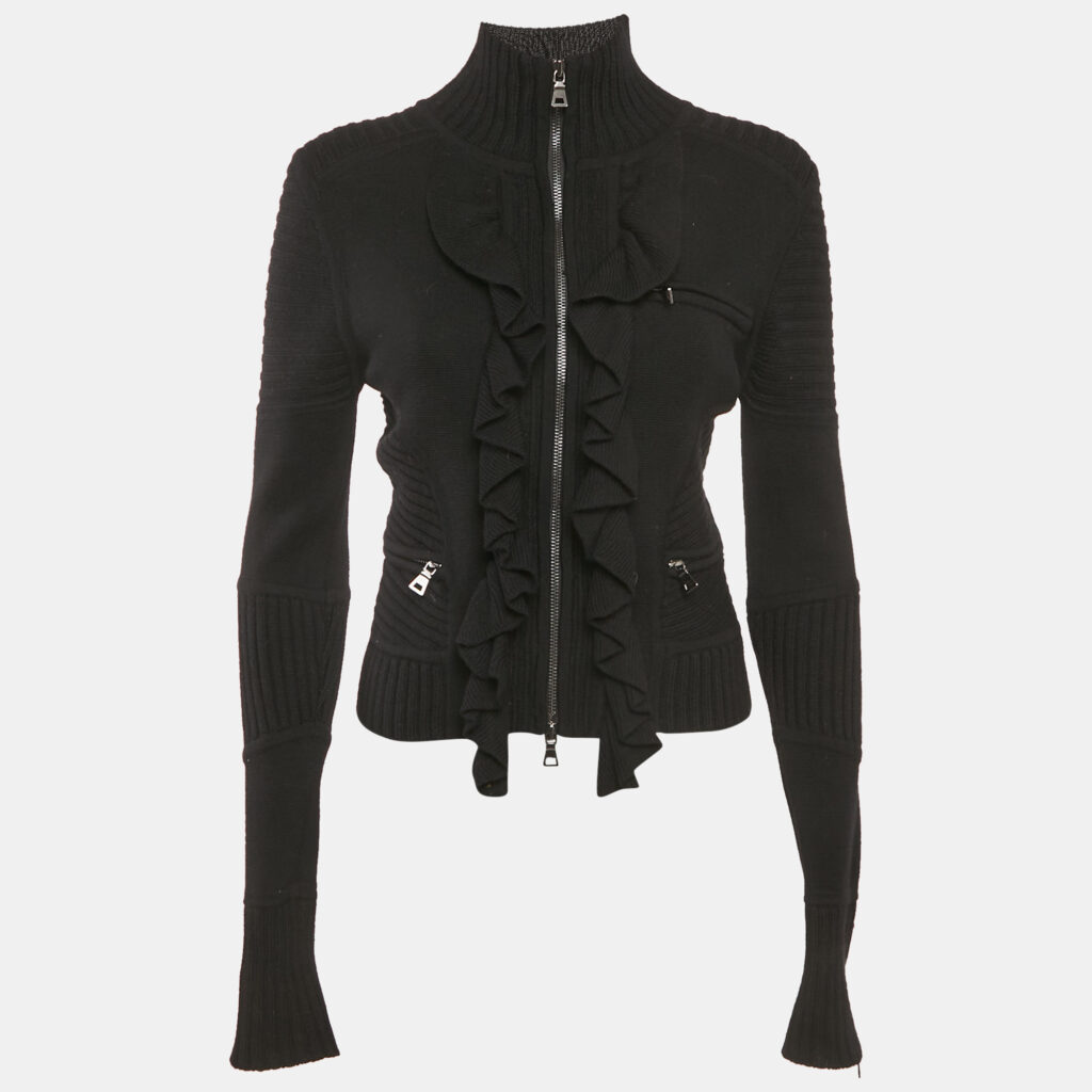 Diane Von Furstenberg Black Wool Knit Ruffled Zip-Up Madelyne Cardigan S Diane Von Furstenberg Black Wool Knit Ruffled Zip-Up Madelyne Cardigan S