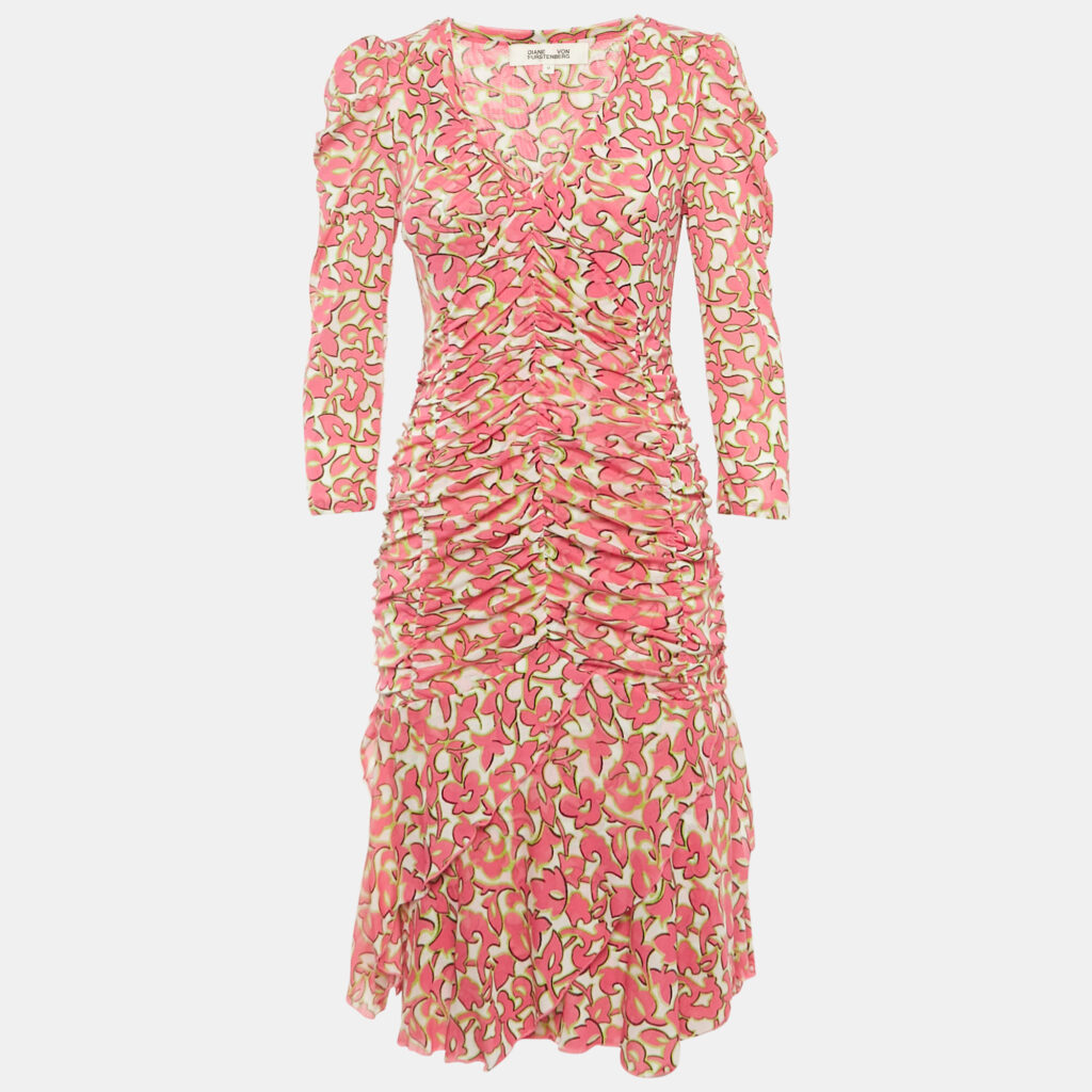 Diane Von Furstenberg Pink Printed Mesh Ruched Dress M Diane Von Furstenberg Pink Printed Mesh Ruched Dress M