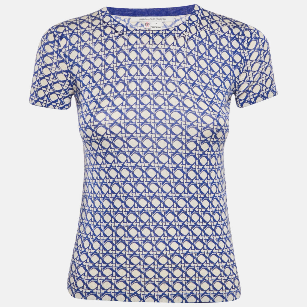 Diane Von Furstenberg Blue Printed Silk Blend Knit Top XS