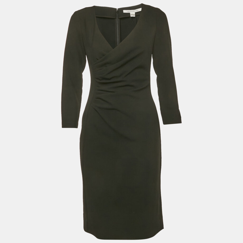 Diane Von Furstenberg Black Stretch Crepe Draped Elliana Dress S