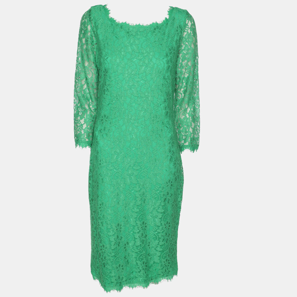 Diane Von Furstenberg Green Lace Full Sleeves Midi Dress L
