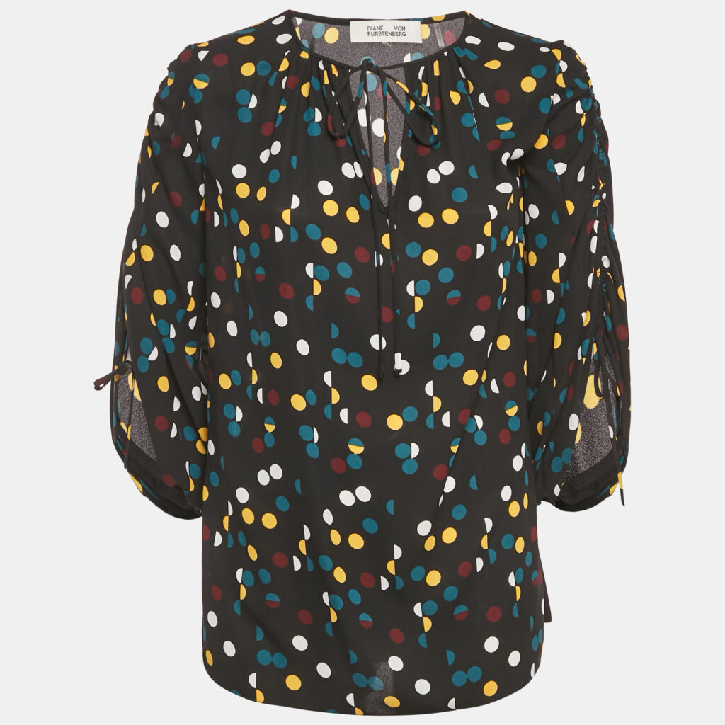 Diane Von Furstenberg Black Polka Dot Print Crepe Blouson Sleeve Tunic Top M