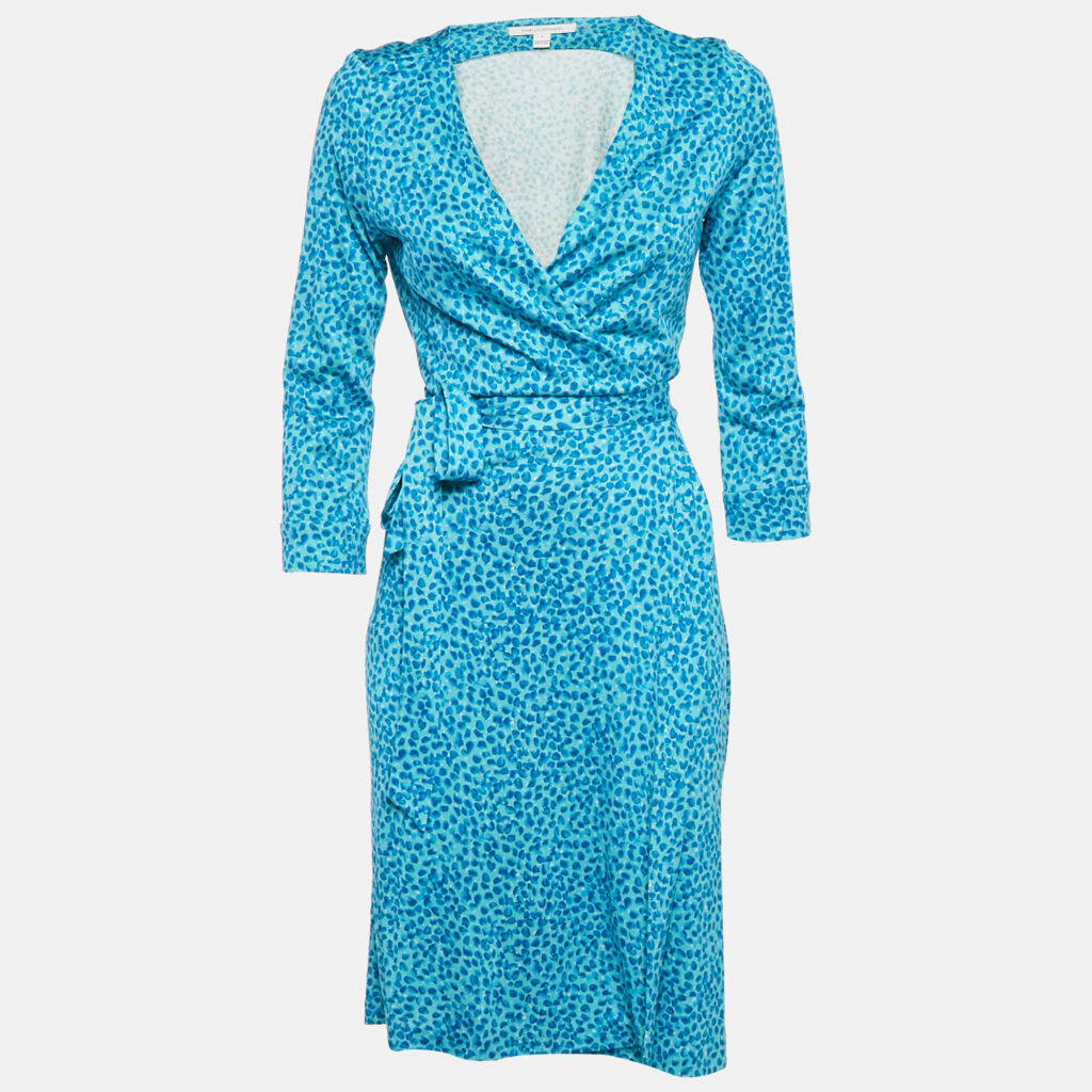 Diane Von Furstenberg Blue Printed Silk Short Wrap Dress M
