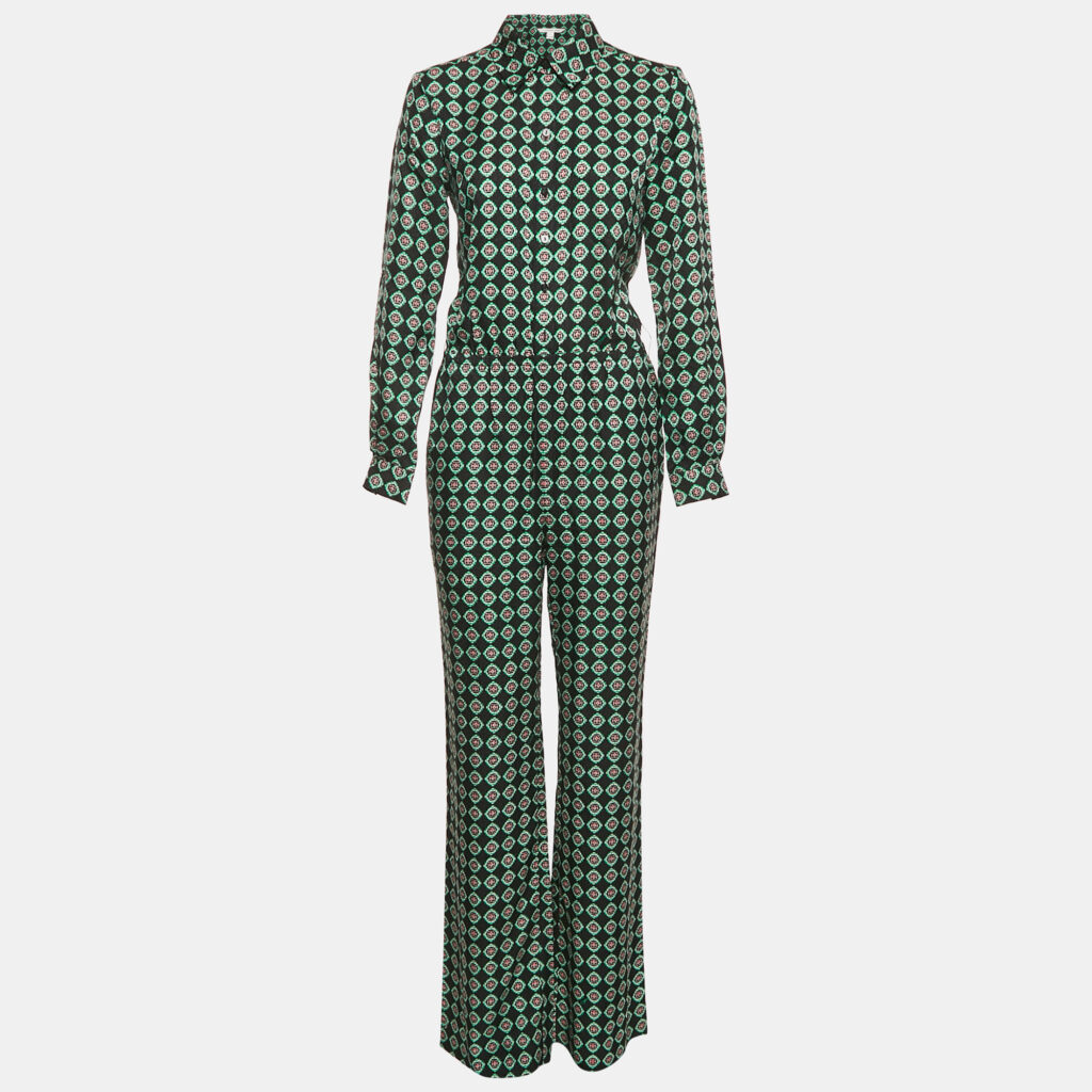 Diane Von Furstenberg Black Printed Silk Flared Jumpsuit S Diane Von Furstenberg Black Printed Silk Flared Jumpsuit S