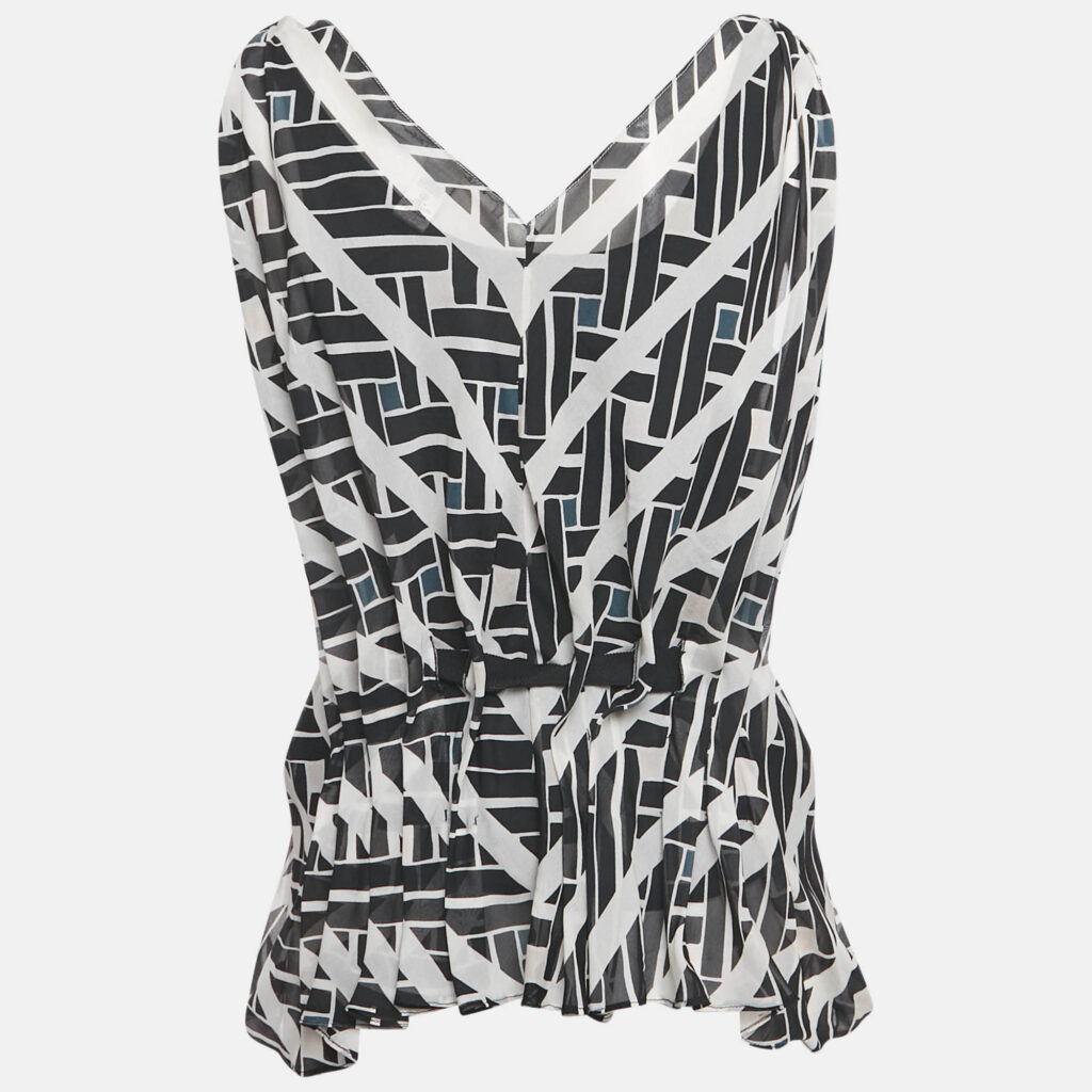 Diane Von Furstenberg Black Printed Silk Pleated Sade Top S Diane Von Furstenberg Black Printed Silk Pleated Sade Top S