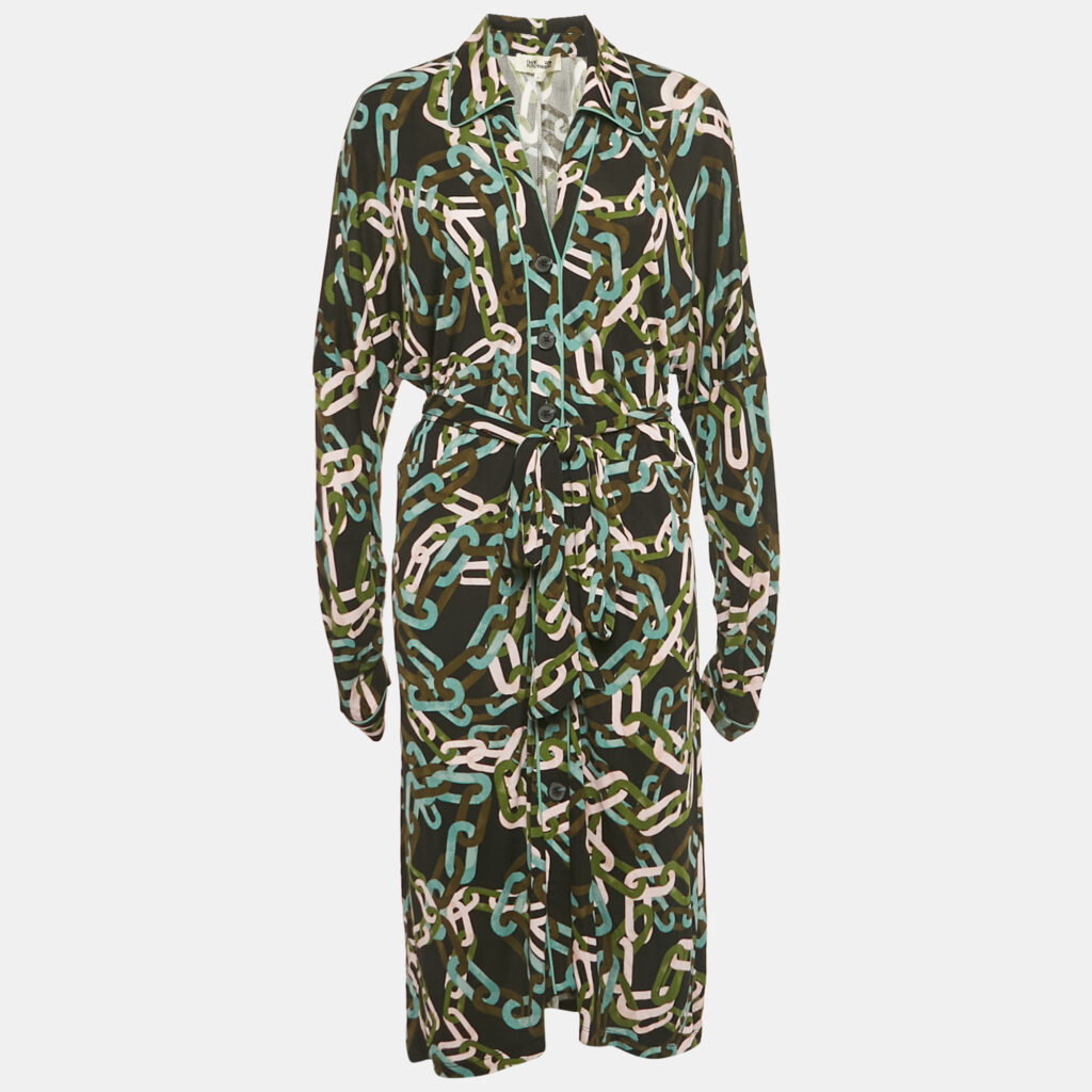 Diane Von Furstenberg Black Carrie Chain Print Jersey Button Front Belted Dress M Diane Von Furstenberg Black Carrie Chain Print Jersey Button Front Belted Dress M