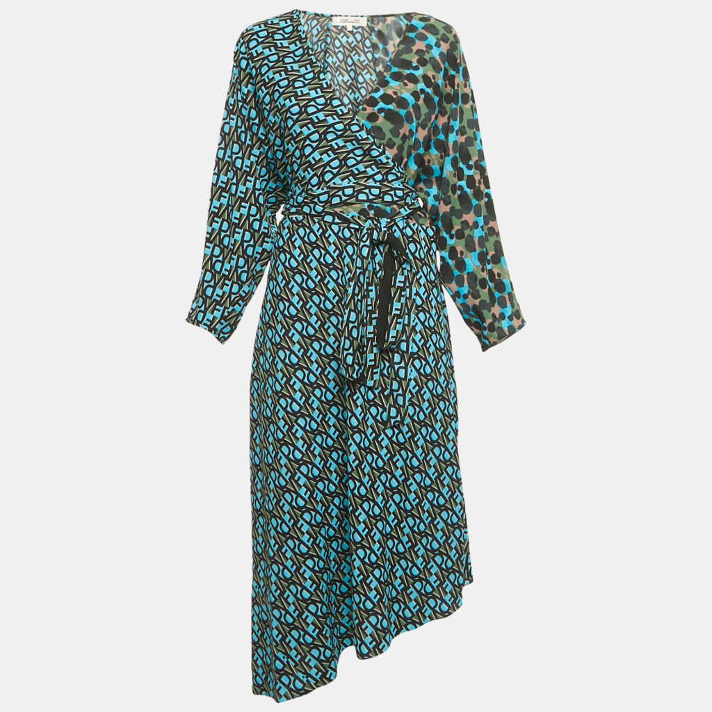 Diane Von Furstenberg Blue Printed Crepe Wrap Effect Eloise Midi Dress L