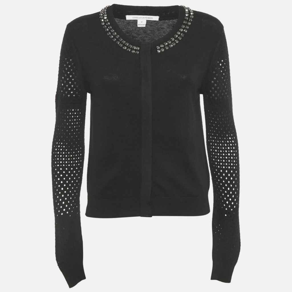 Diane Von Furstenberg Black Wool Blend Stud Detail Cardigan M Diane Von Furstenberg Black Wool Blend Stud Detail Cardigan M