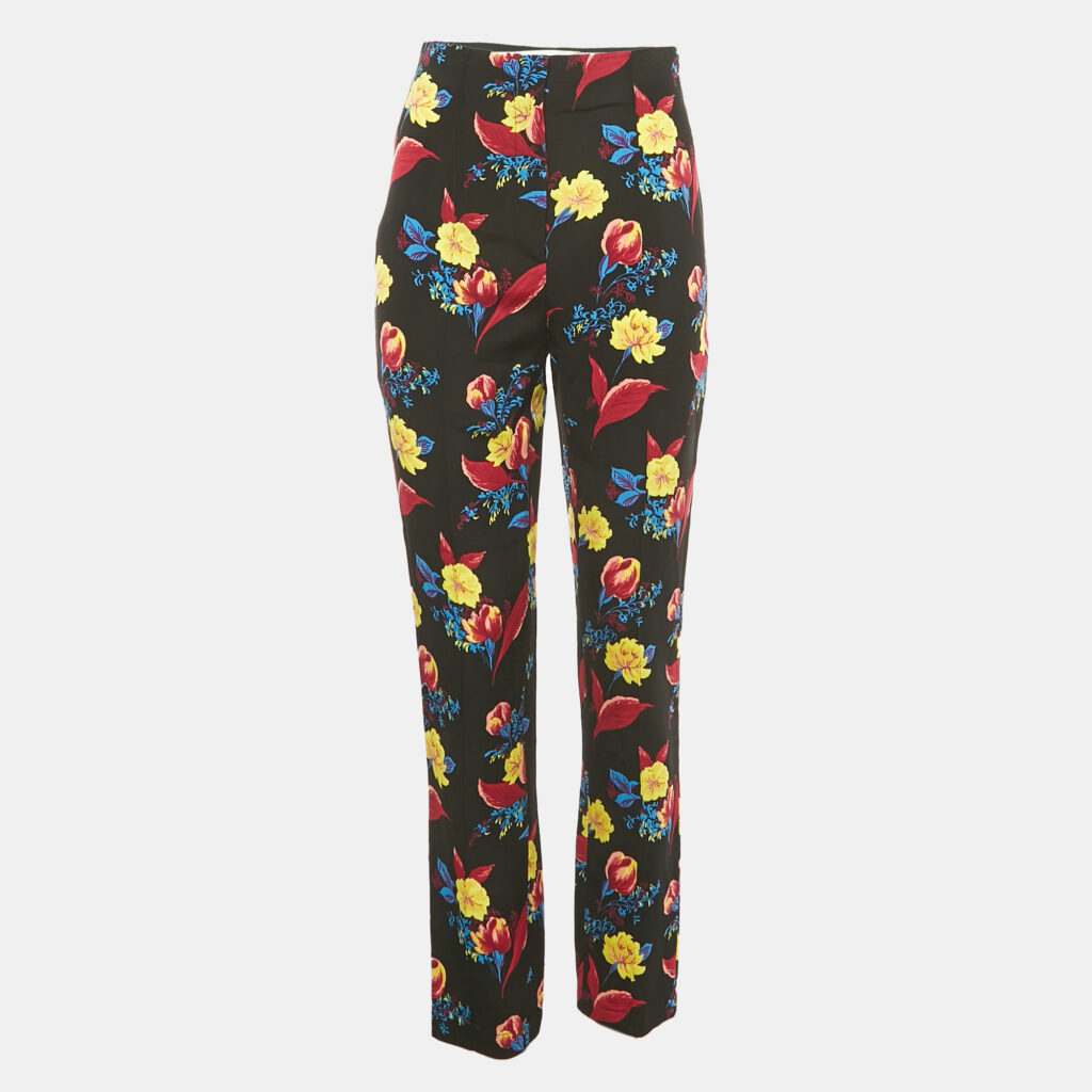 Diane Von Furstenberg Black Floral Print Crepe Trousers S