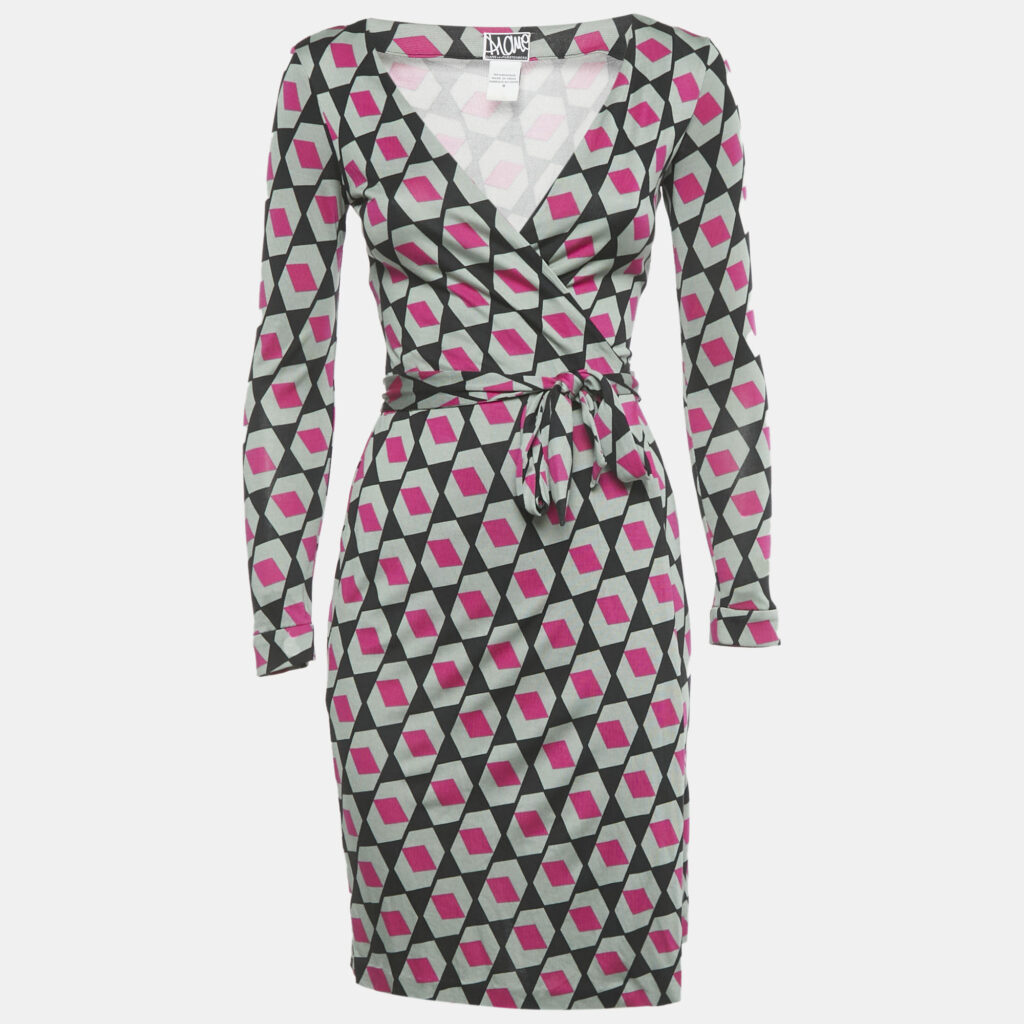 Diane Von Furstenberg Pink/Green Jersey New Julian Wrap Dress XS
