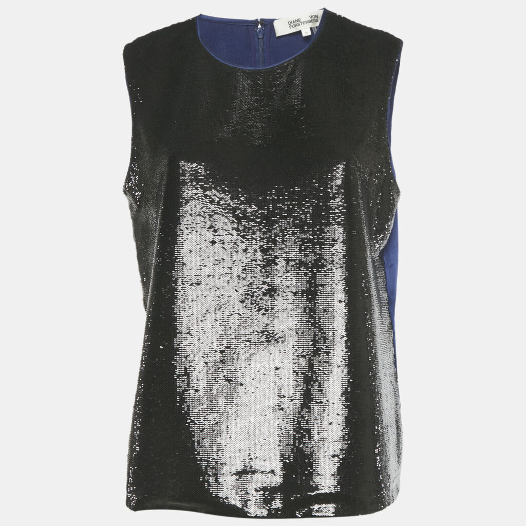 luxury-women-diane-von-furstenberg-used-clothes-p1228292-002-1.jpg Diane Von Furstenberg Black/Blue Sequined Satin Sleeveless Blouse M