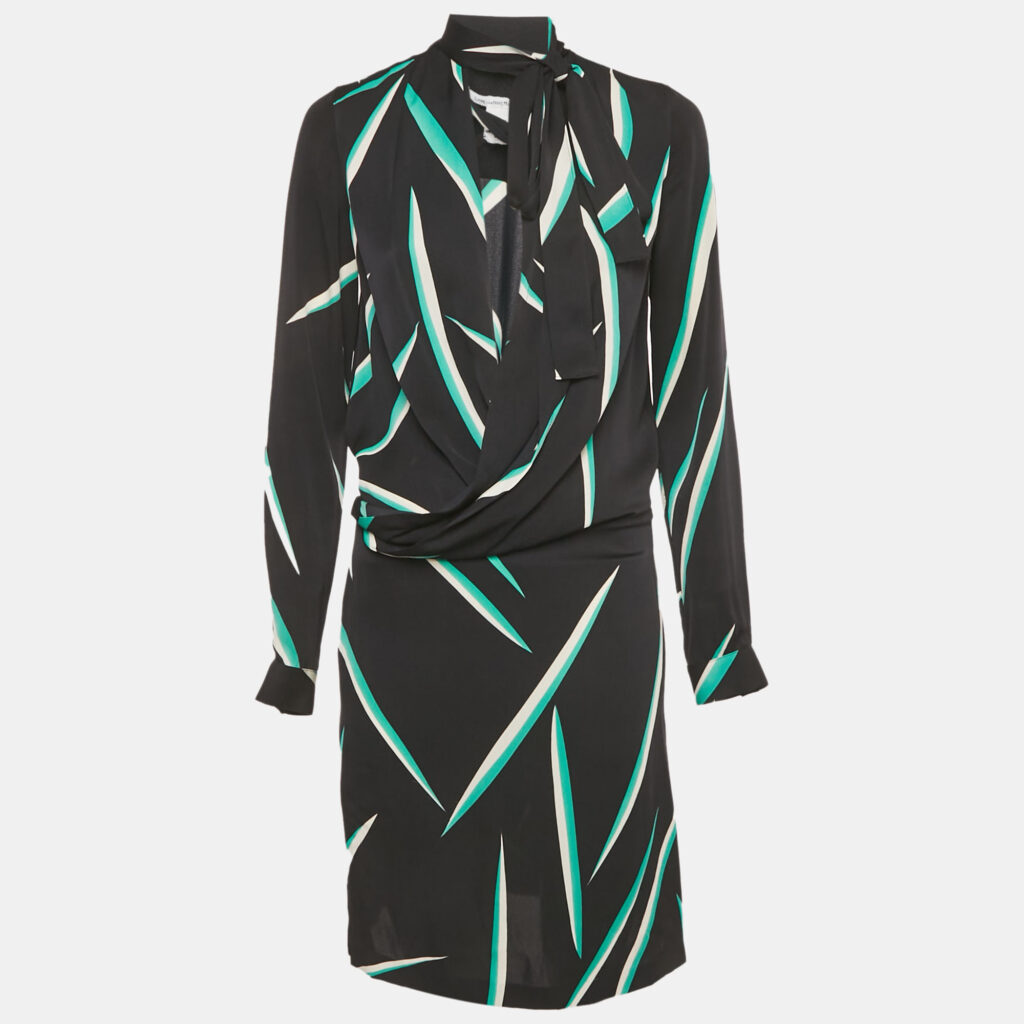 Diane Von Furstenberg Black Printed Crepe Mini Dress S