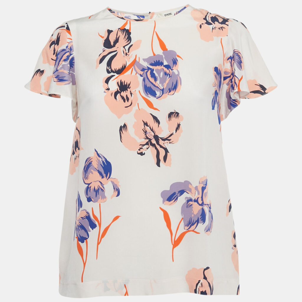 Diane Von Furstenberg White Floral Print Silk Flutter Sleeve Top XS Diane Von Furstenberg White Floral Print Silk Flutter Sleeve Top XS