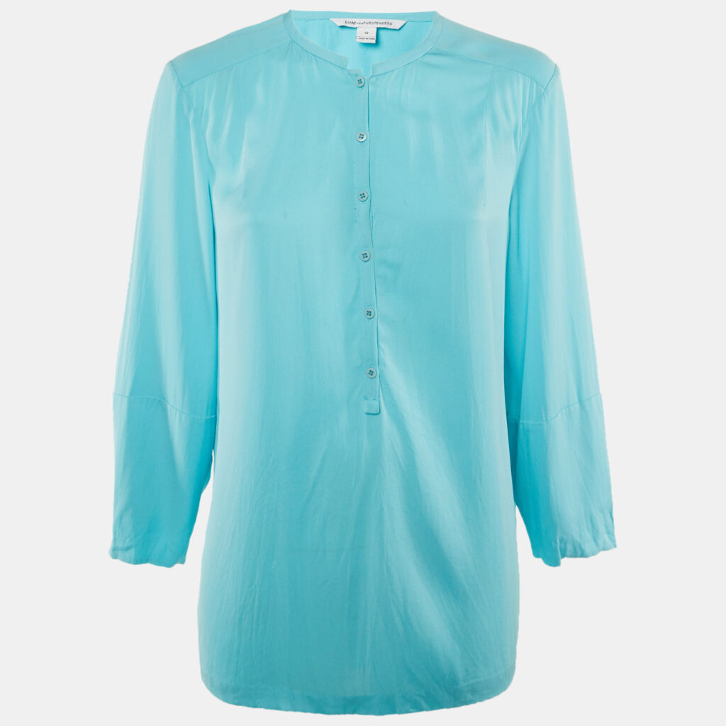 Diane Von Furstenberg Turquoise Blue Silk Button Front Blouse L Diane Von Furstenberg Turquoise Blue Silk Button Front Blouse L