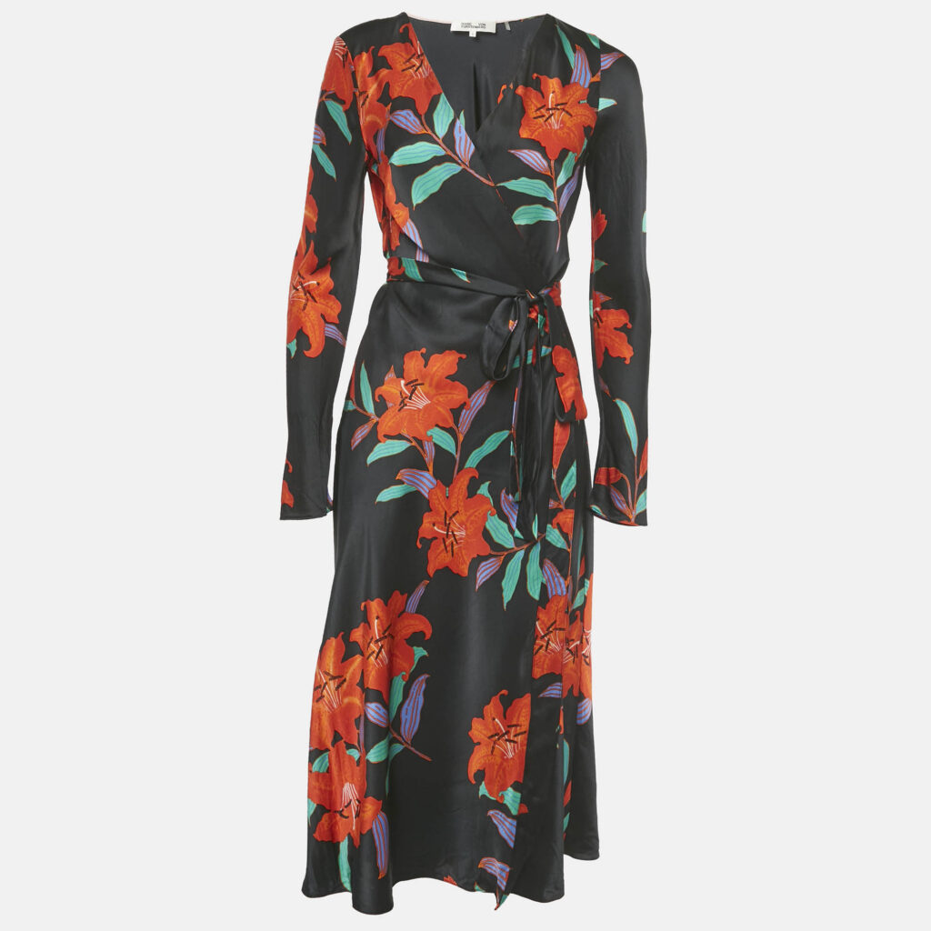 Diane Von Furstenberg Black Floral Print Silk Midi Wrap Dress M Diane Von Furstenberg Black Floral Print Silk Midi Wrap Dress M