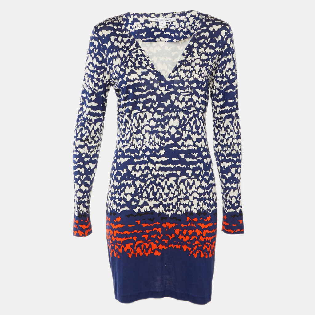 Diane Von Furstenberg Navy Blue Printed Silk Reina Fitted Dress L Diane Von Furstenberg Navy Blue Printed Silk Reina Fitted Dress L