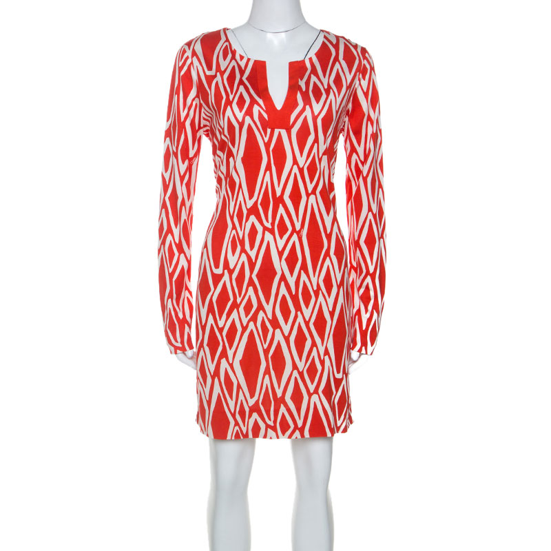 Diane Von Furstenberg Coral Red Ikat Print Silk Reina Long Sleeve Dress L Diane Von Furstenberg Coral Red Ikat Print Silk Reina Long Sleeve Dress L