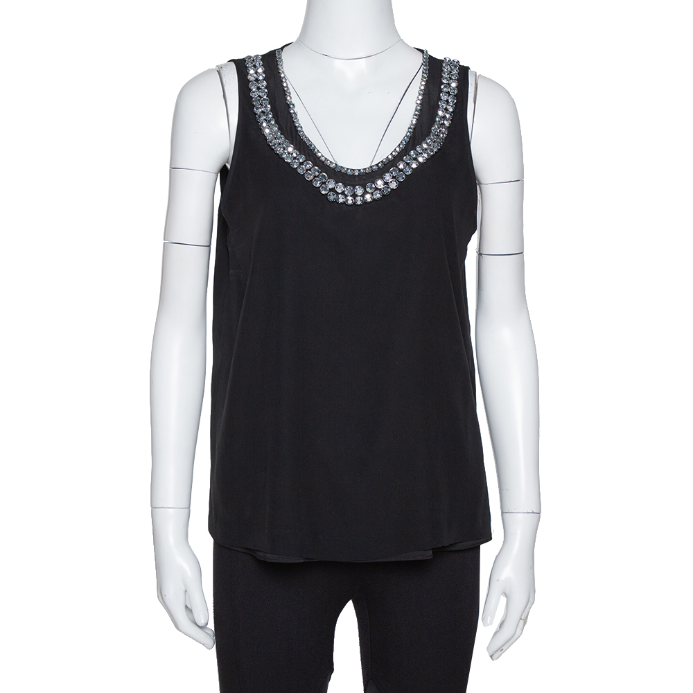 Diane Von Furstenberg Black Crystal Embellished Silk Ade Top S Diane Von Furstenberg Black Crystal Embellished Silk Ade Top S