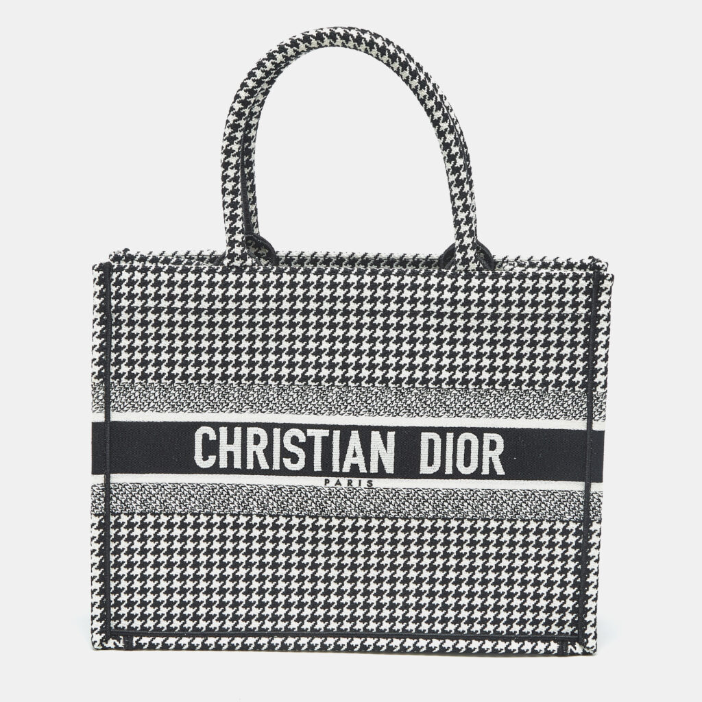 Dior Black/White Houndstooth Embroidered Canvas Medium Book Tote Dior Black/White Houndstooth Embroidered Canvas Medium Book Tote
