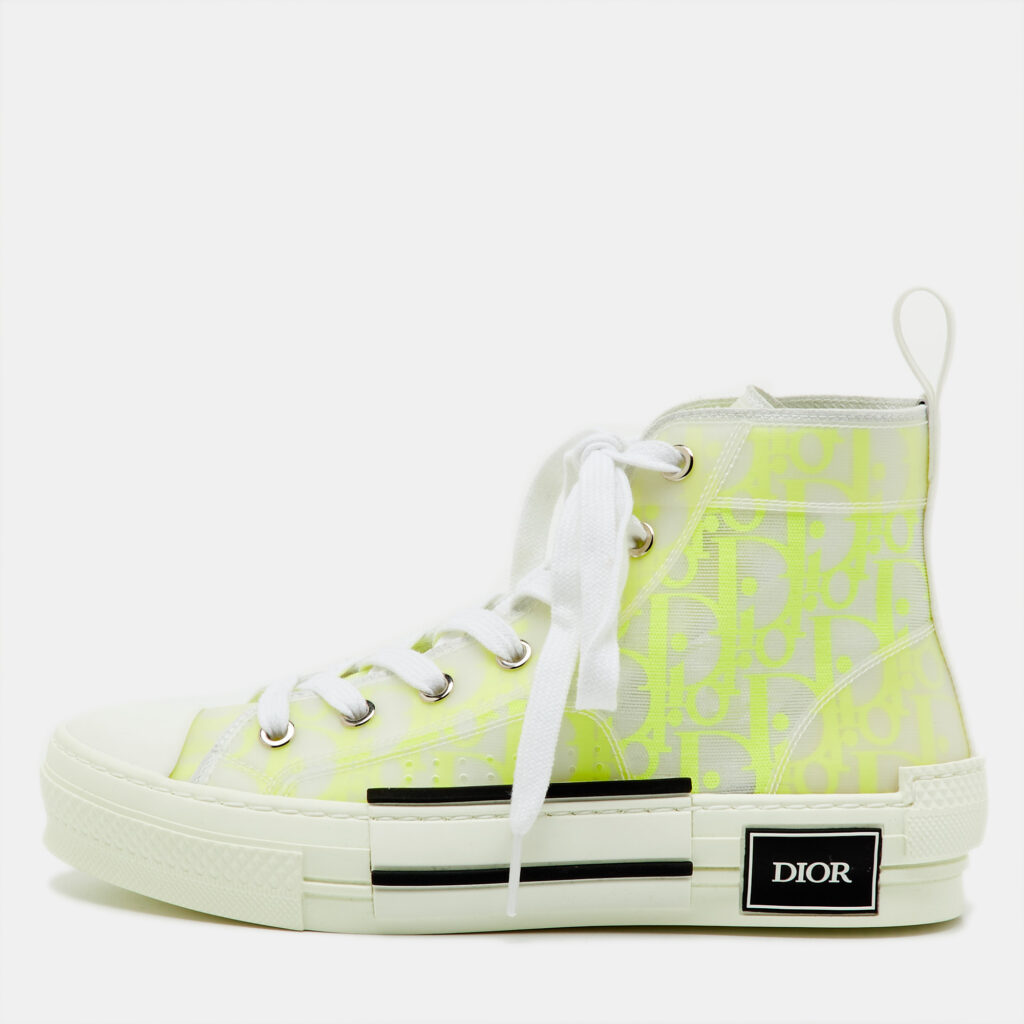 Dior White/Neon Yellow Oblique Mesh and Rubber B23 High Top Sneakers Size 36.5