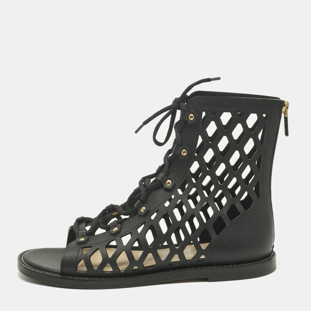 Dior Black Leather Cut-out D-strap Gladiator Flat Sandals Size 40