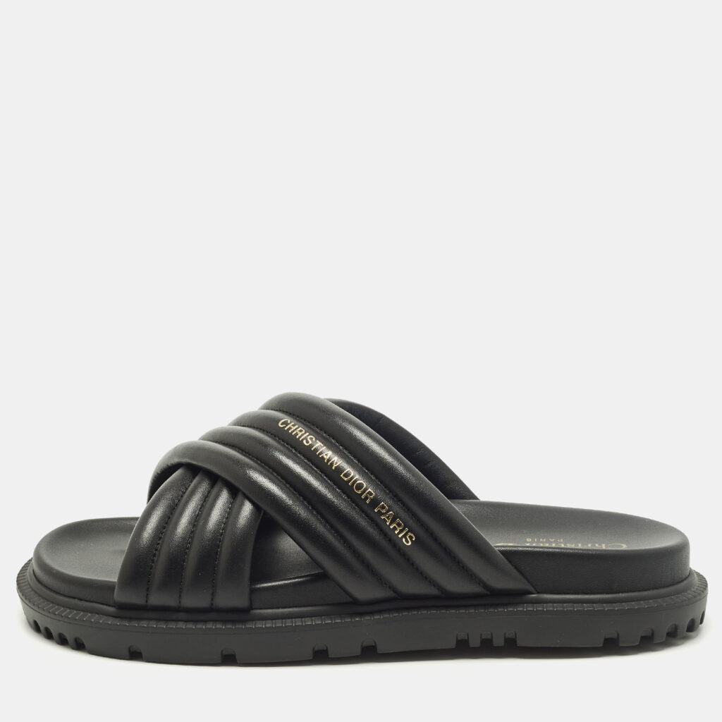 Dior Size 38.5 Black D-Cross Leather Flat Slides Dior Size 38.5 Black D-Cross Leather Flat Slides