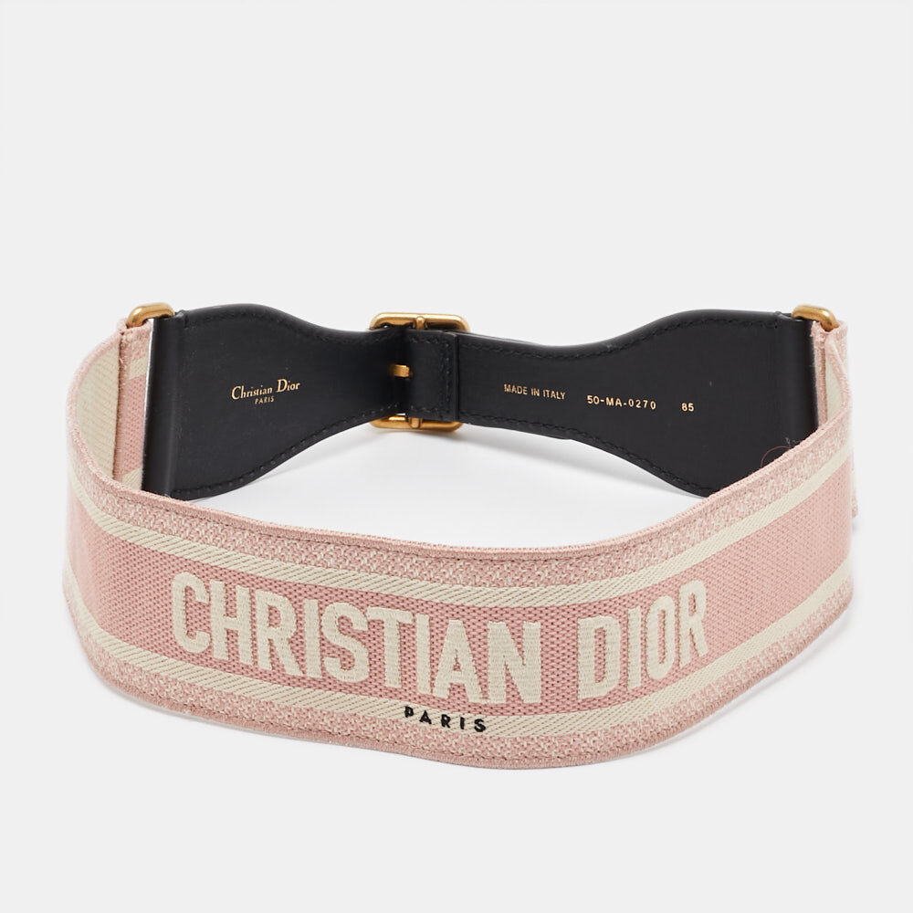 Dior Light Pink/White Logo Embroidered Canvas and Leather Belt 85CM Dior Light Pink/White Logo Embroidered Canvas and Leather Belt 85CM