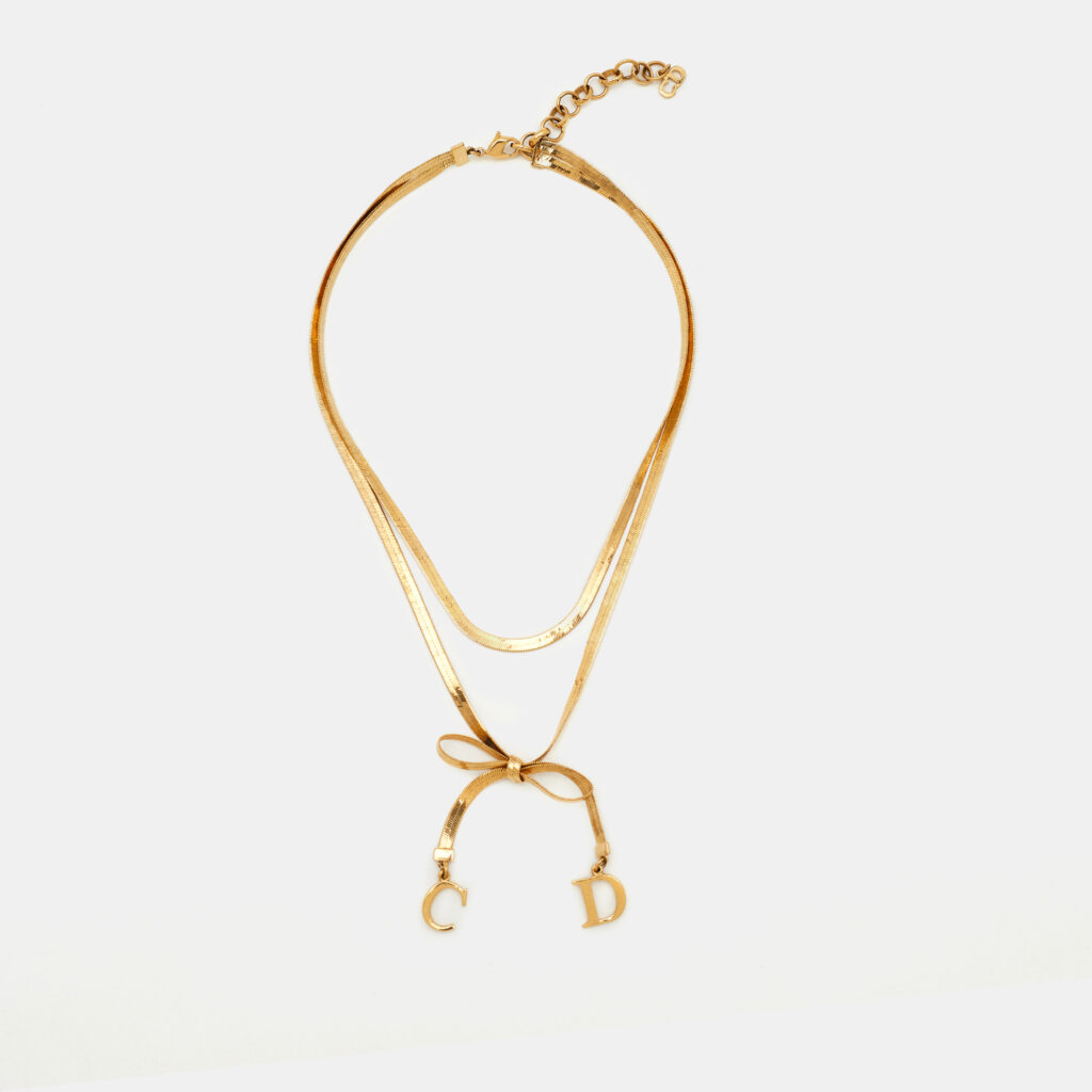 Dior Vintage CD Bow Gold Plated Double Chain Necklace Dior Vintage CD Bow Gold Plated Double Chain Necklace