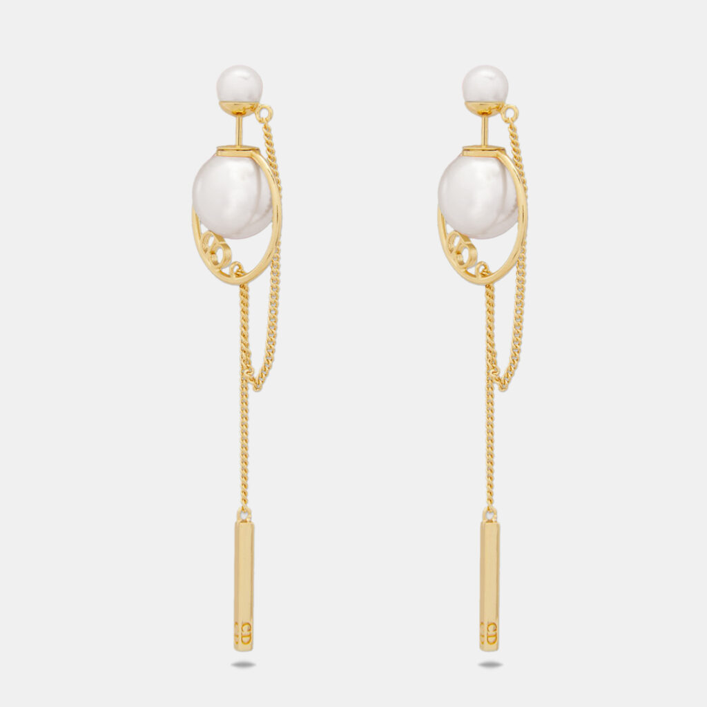 luxury-women-dior-used-accessories-p1219696-001.jpg Dior Tribales Faux Pearl Gold Tone Chain Dangle Earrings