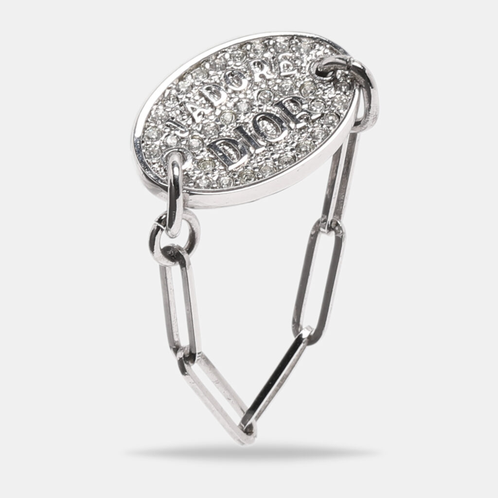 Dior Silver Tone Metal Crystal J'adore Dior Chain Link Ring Dior Silver Tone Metal Crystal J'adore Dior Chain Link Ring