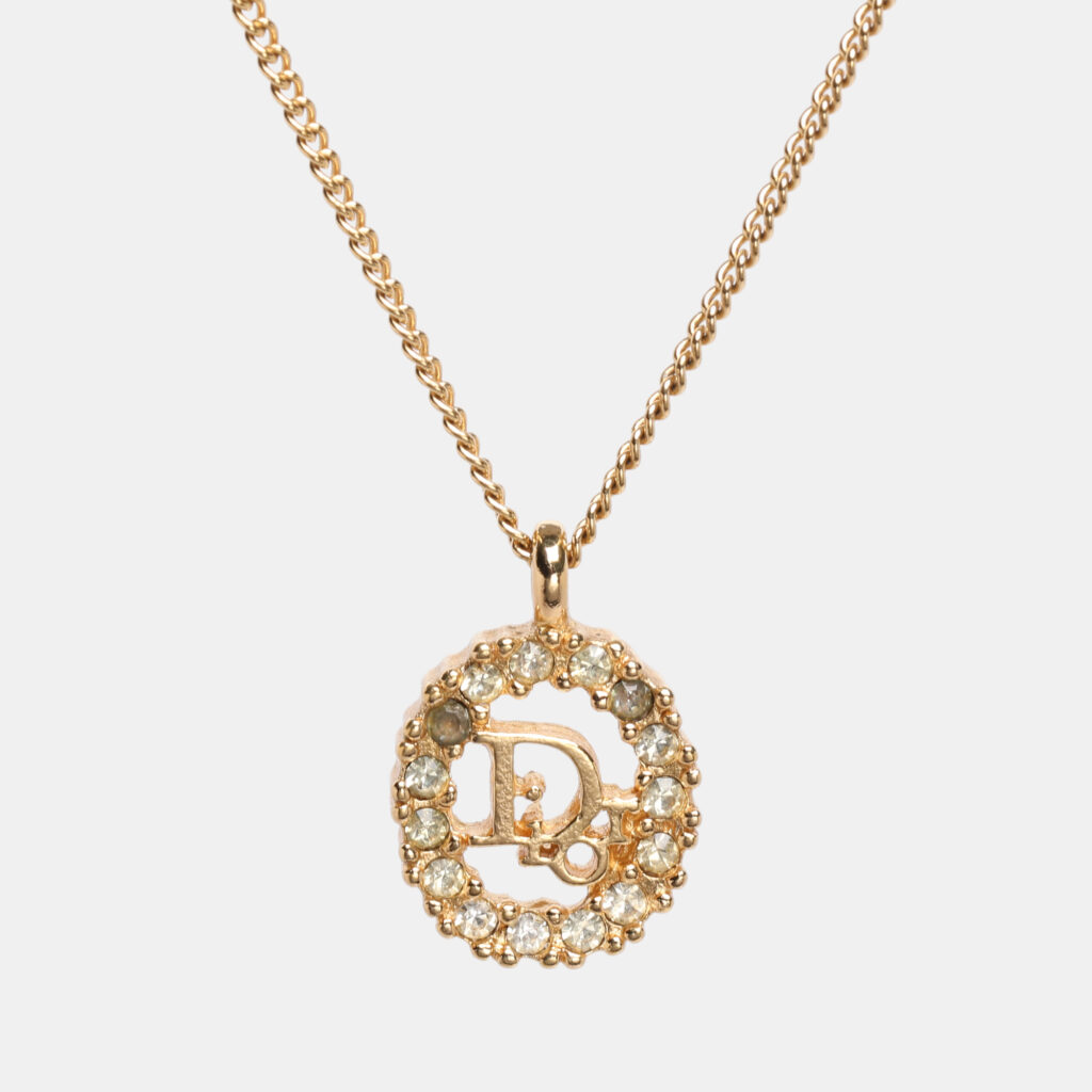 Dior Gold Tone Rhinestone Logo Pendant Necklace Dior Gold Tone Rhinestone Logo Pendant Necklace