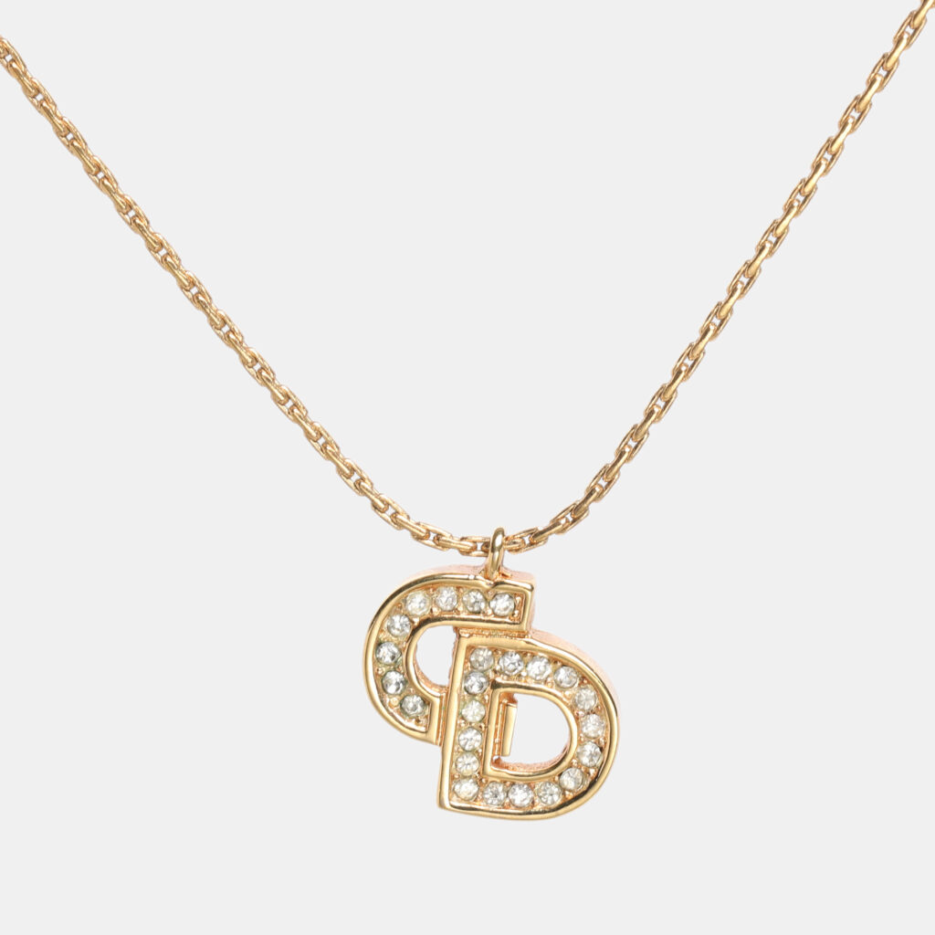 luxury-women-dior-used-accessories-p1223053-002-1.jpg Dior Gold Tone Rhinestone CD Pendant Necklace