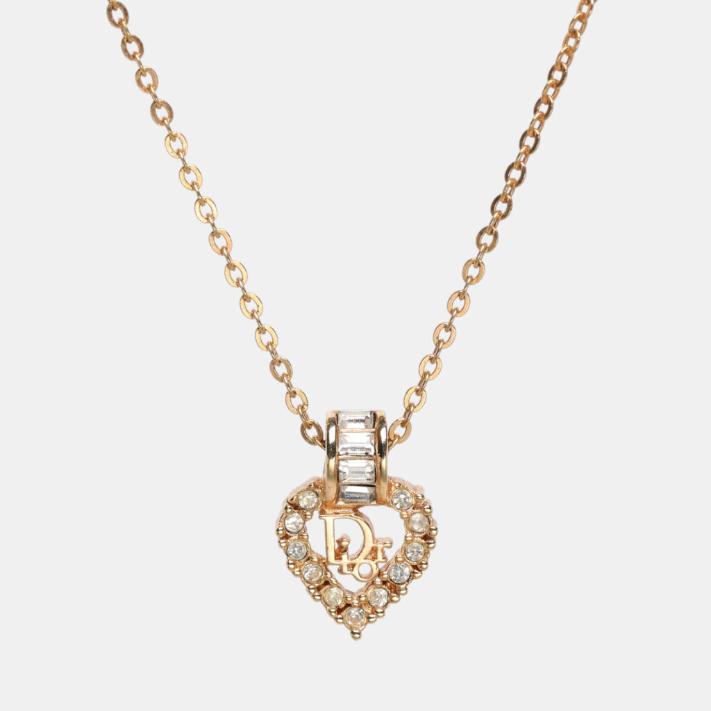luxury-women-dior-used-accessories-p1223091-003.jpg Dior Gold Tone Rhinestone Logo Heart Pendant Necklace