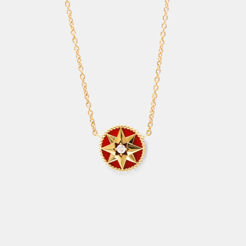 Christian Dior Rose Des Vents Pink Gold 18K Diamond Necklace Red Color