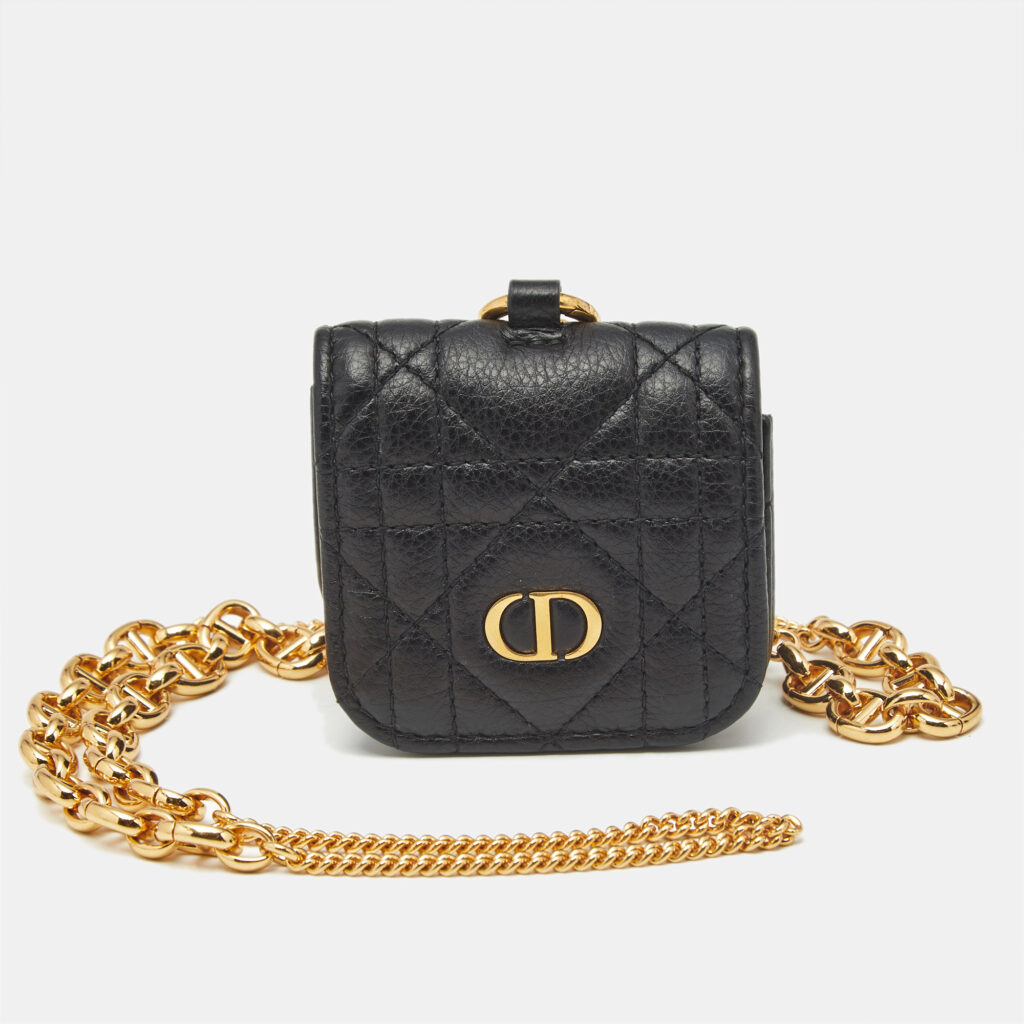 Dior Black Cannage Leather Caro Airpods Case with Chain Dior Black Cannage Leather Caro Airpods Case with Chain
