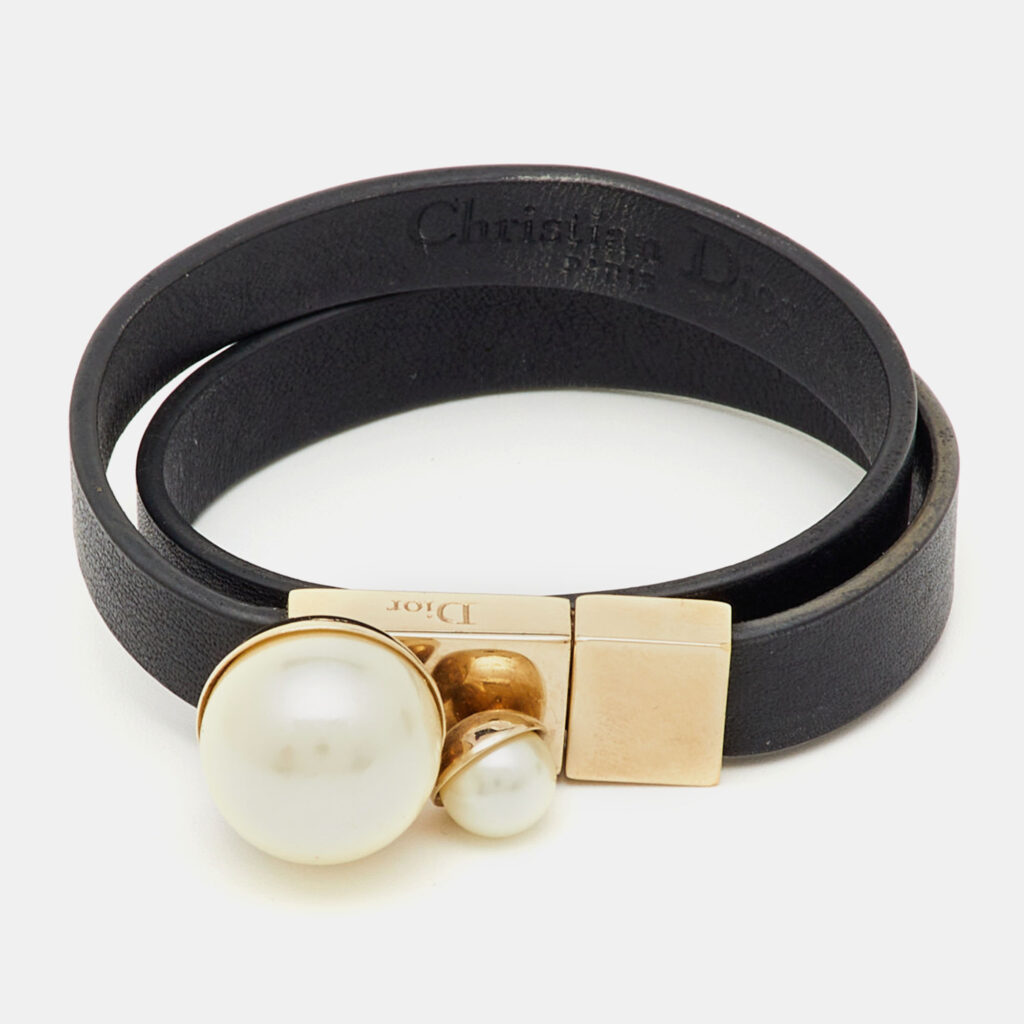 Christian Dior Mise En Dior Black Leather Faux Pearl Gold Tone Double Wrap Bracelet S Christian Dior Mise En Dior Black Leather Faux Pearl Gold Tone Double Wrap Bracelet S