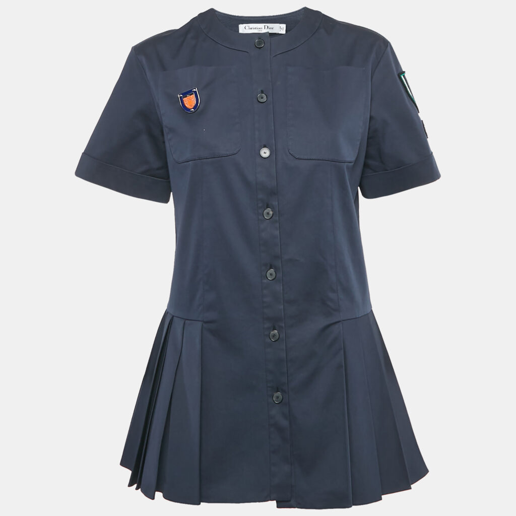 Christian Dior Navy Blue Applique Detail Pleated Mini Dress M Christian Dior Navy Blue Applique Detail Pleated Mini Dress M