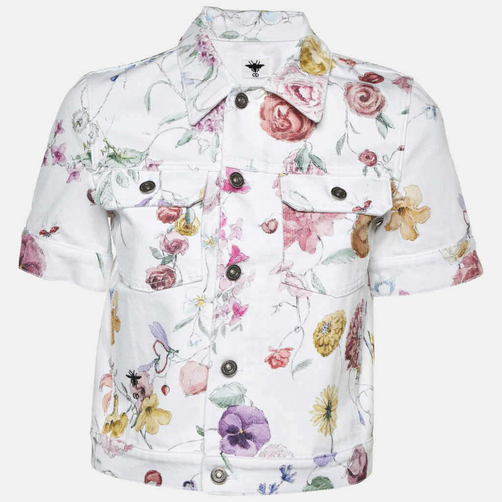 Christian Dior White Floral Printed Denim Button Jacket S