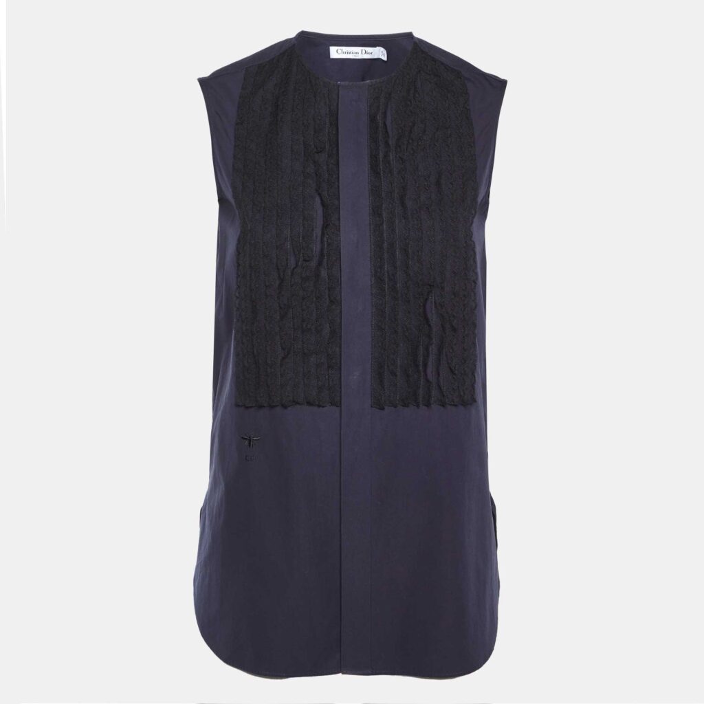 Dior Navy Blue Cotton Lace Trim Sleeveless Top S Dior Navy Blue Cotton Lace Trim Sleeveless Top S