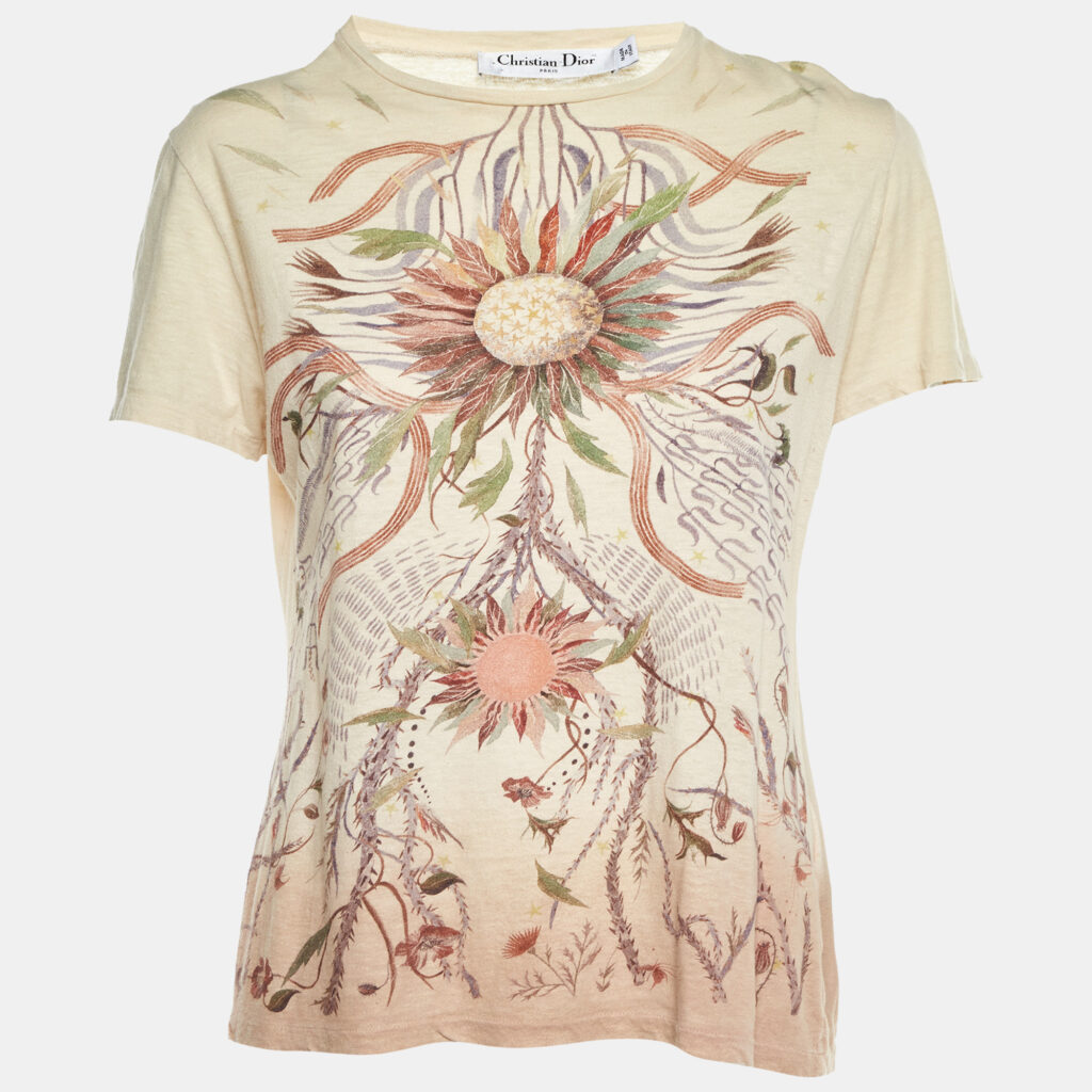 Dior Pale Yellow Flower Print Cotton & Linen Crew Neck T-Shirt S Dior Pale Yellow Flower Print Cotton & Linen Crew Neck T-Shirt S