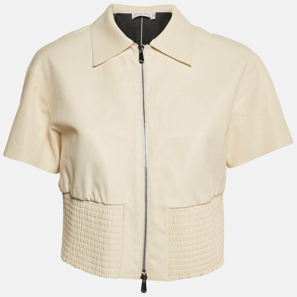Christian Dior Cream Leather Shirring Hem Jacket M Christian Dior Cream Leather Shirring Hem Jacket M