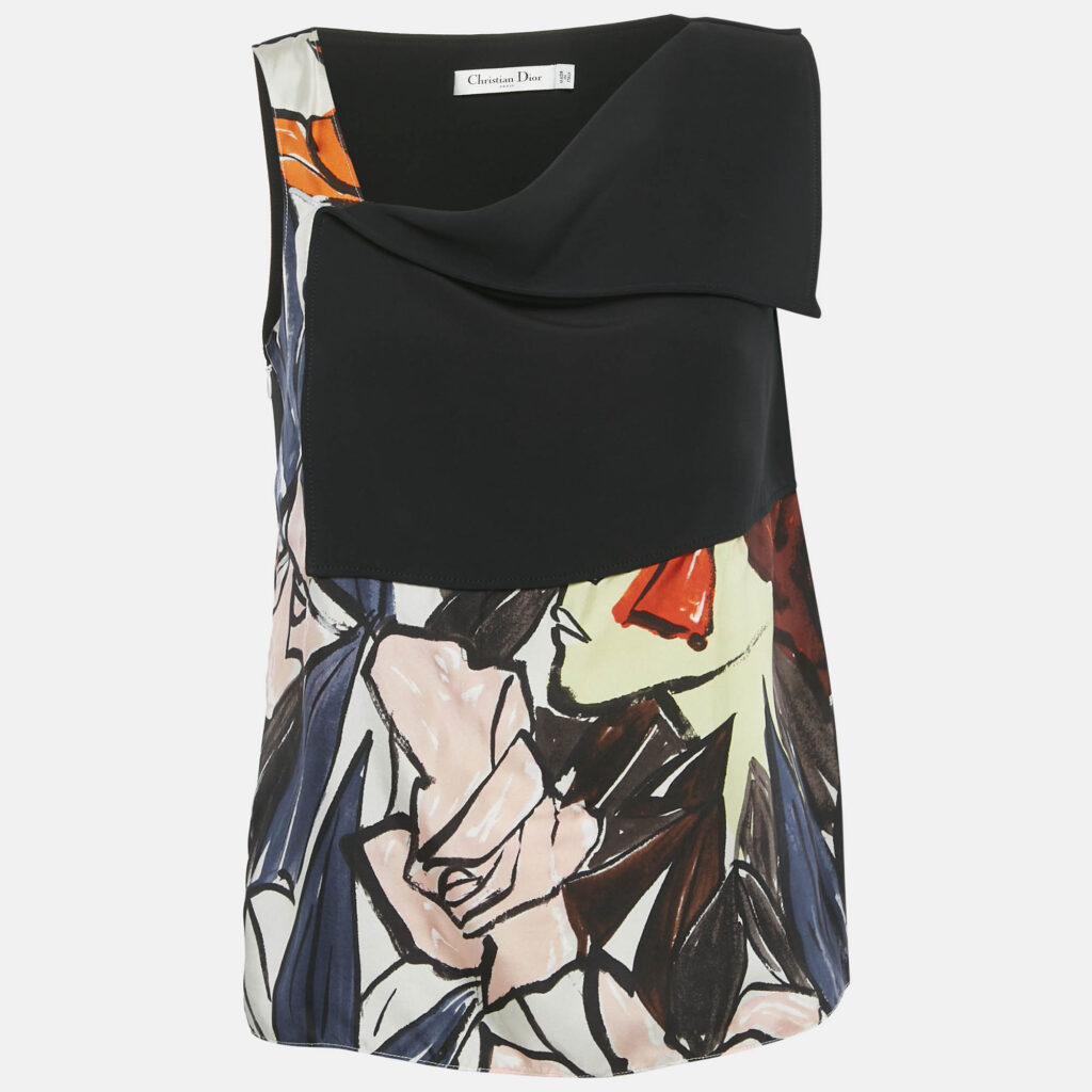 Christian Dior Black Printed Silk Blend Asymmetrical Detail Top M