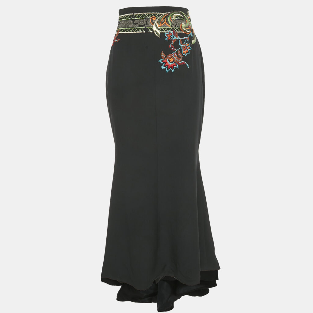 Christian Dior Vintage Black Embroidered Silk Midi Skirt M Christian Dior Vintage Black Embroidered Silk Midi Skirt M