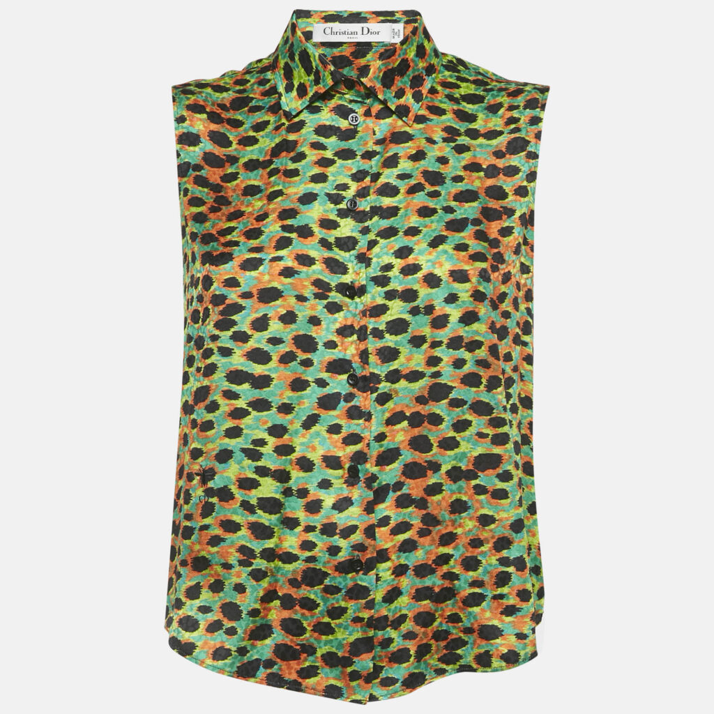 Dior Multicolor/Green Printed Silk Sleeveless Button Front Blouse S Dior Multicolor/Green Printed Silk Sleeveless Button Front Blouse S