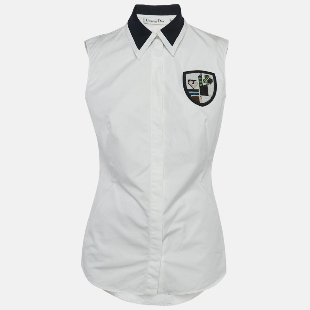 Dior White Cotton Poplin Badge Detail Sleeveless Shirt L